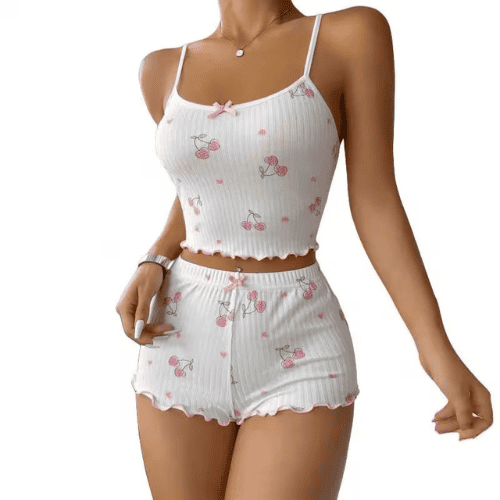 Cherry Print Bow-Front Cami Top & Shorts Pajama Set
