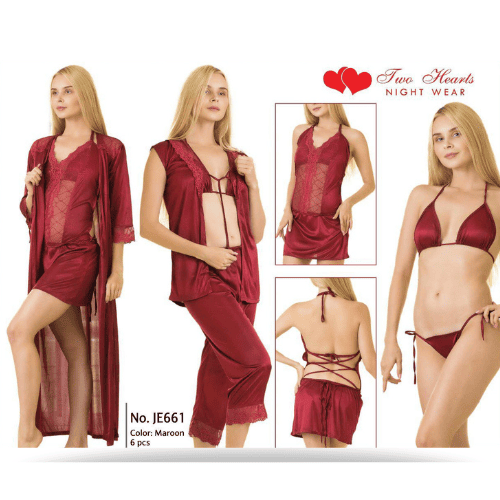 Elegant Silk 5 PC Night Wear With Bikini Set | Luxury Satin Lingerie Set for Women