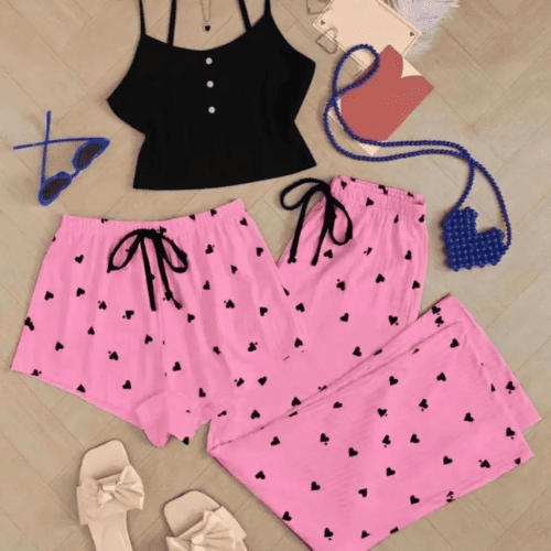3 PC Heart Style Pajama Set – Women’s Cute Casual Sleepwear Set