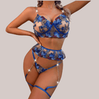 Floral Embroidered Mesh See-Through Garter Lingerie Set