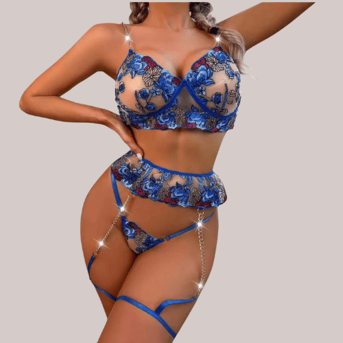 Floral Embroidered Mesh See-Through Garter Lingerie Set