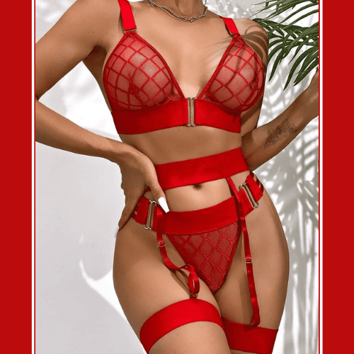 Grid Mesh Deep V G-String Garter Lingerie Set