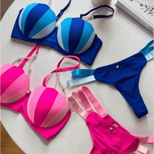 Ice Cream Pearl Beaded Pushup Wired Bra Set | Elegant Embellished Lingerie Set for Women
