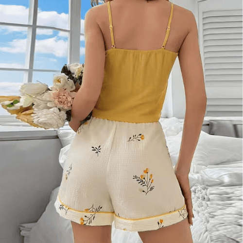Women’s 2-Piece Silk Pajama Set – Halter Top & Ruffle Shorts