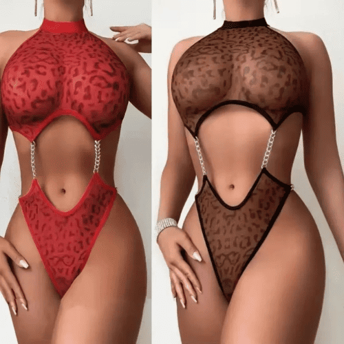 Sheer Leopard Body Suit Lingerie Set | Stylish Animal Print Bodysuit Nightwear for Women