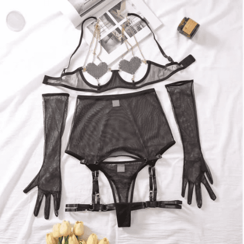 Luxury Rhinestone 5 PC Garter Lingerie With Gloves – Women’s Elegant Night Wear Set