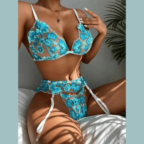 Floral Embroidered Mesh See-Through Garter Lingerie Set