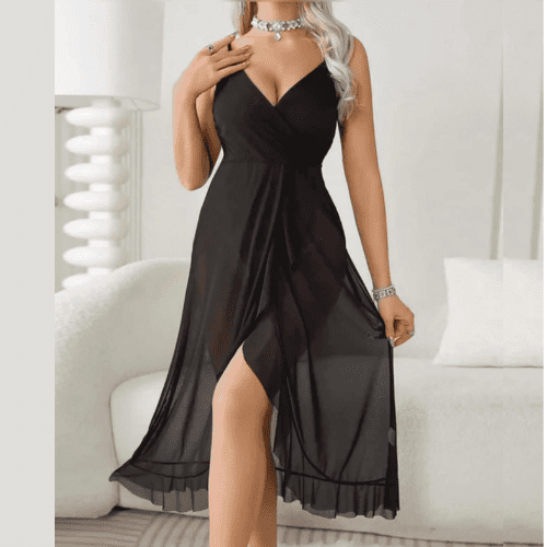 Romantic Flared Long Maxi Lingerie Set | Elegant Sleeveless Mesh Night Dress for Women