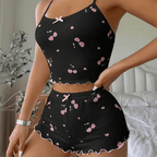 Cherry Print Bow-Front Cami Top & Shorts Pajama Set