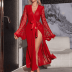 Transparent High Slit Front Open Gown With Panty and Belt – Women’s Luxury Night Wear Set