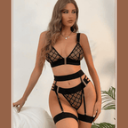 Grid Mesh Deep V G-String Garter Lingerie Set