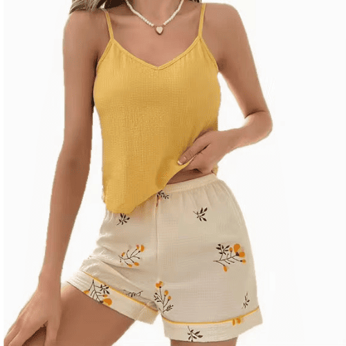 Women’s 2-Piece Silk Pajama Set – Halter Top & Ruffle Shorts