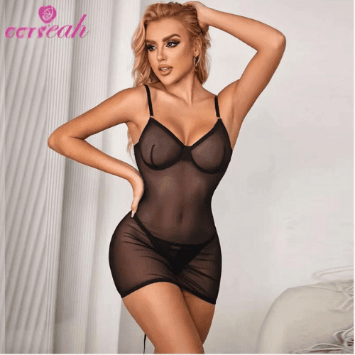 Elegant Back Knots Baby Doll Lingerie Set – Women’s Sexy Mesh Night Wear