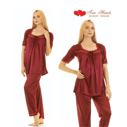 Two Hearts 2-Piece Silk Pajama Set with Front Net Lace