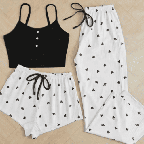 3 PC Heart Style Pajama Set – Women’s Cute Casual Sleepwear Set