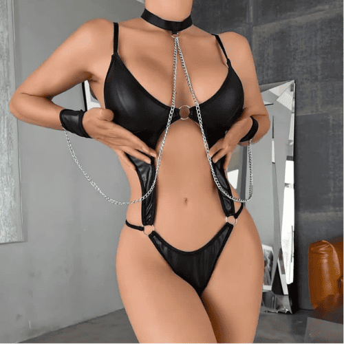 Faux Leather Halter Neck With Hand Cuff Lingerie Set – Women’s Stylish Night Wear