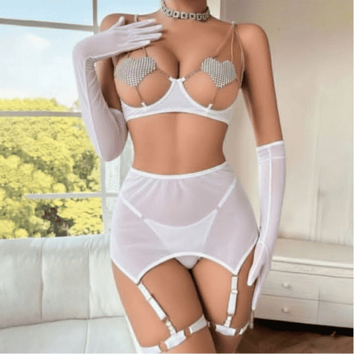 Luxury Rhinestone 5 PC Garter Lingerie With Gloves – Women’s Elegant Night Wear Set