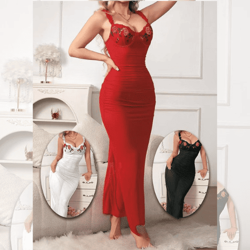 Floral Embroidery Long Net Maxi Lingerie