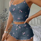 Cherry Print Bow-Front Cami Top & Shorts Pajama Set