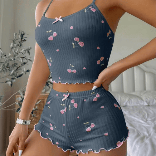Cherry Print Bow-Front Cami Top & Shorts Pajama Set
