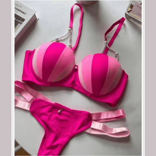 Ice Cream Pearl Beaded Pushup Wired Bra Set | Elegant Embellished Lingerie Set for Women