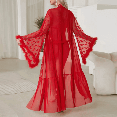Transparent High Slit Front Open Gown With Panty and Belt – Women’s Luxury Night Wear Set