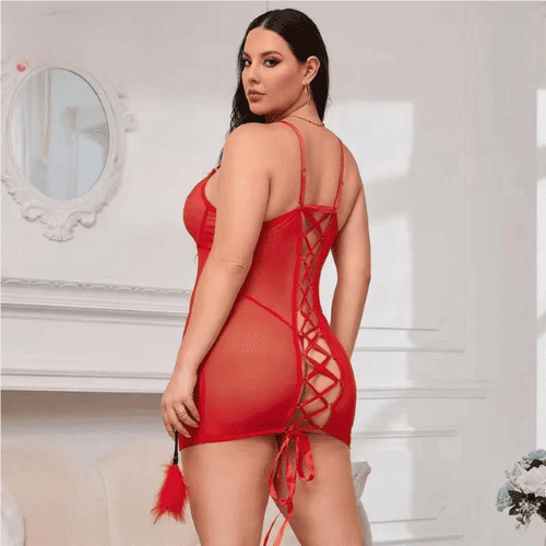 Elegant Back Knots Baby Doll Lingerie Set – Women’s Sexy Mesh Night Wear