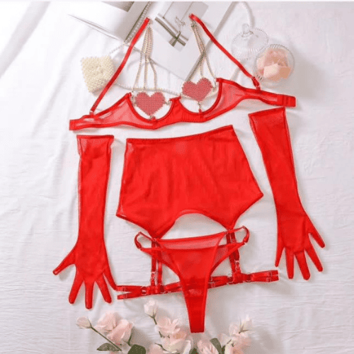 Luxury Rhinestone 5 PC Garter Lingerie With Gloves – Women’s Elegant Night Wear Set