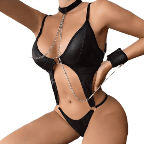 Faux Leather Halter Neck With Hand Cuff Lingerie Set – Women’s Stylish Night Wear
