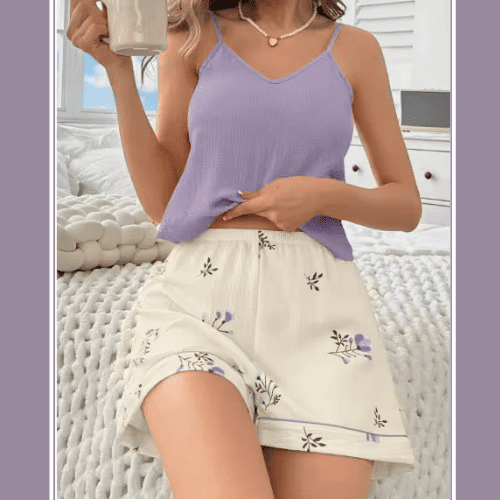 Women’s 2-Piece Silk Pajama Set – Halter Top & Ruffle Shorts