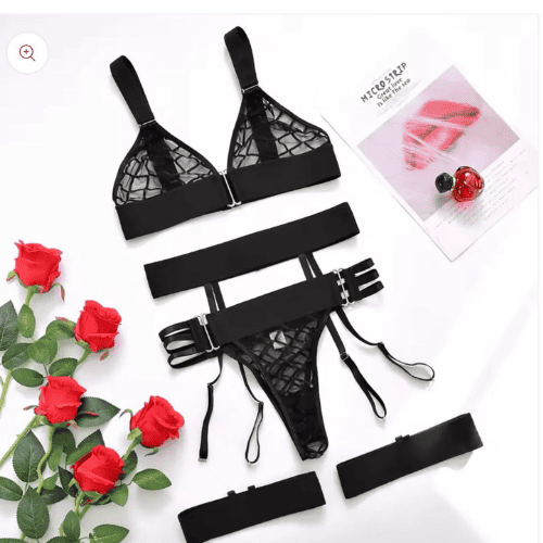 Grid Mesh Deep V G-String Garter Lingerie Set
