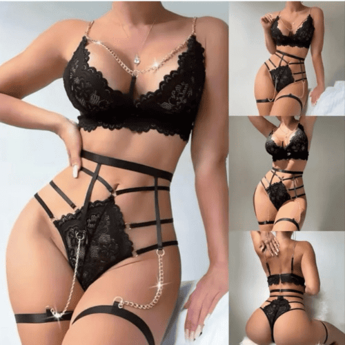 Metallic Essential Garter With Chains Lingerie Set – Women’s Stylish Night Wear