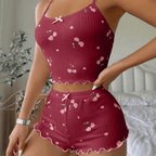 Cherry Print Bow-Front Cami Top & Shorts Pajama Set