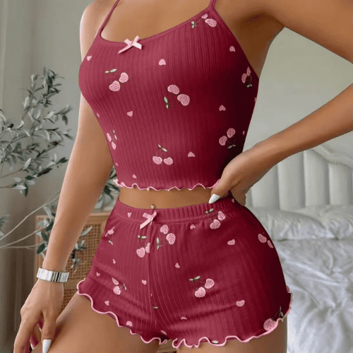 Cherry Print Bow-Front Cami Top & Shorts Pajama Set