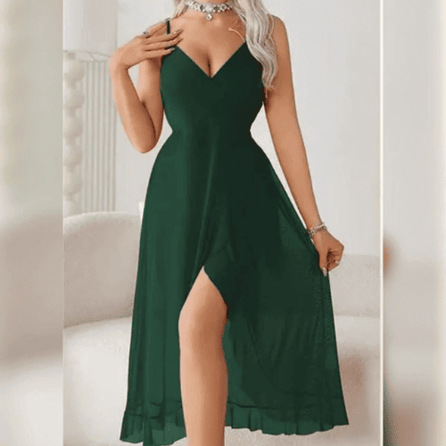 Romantic Flared Long Maxi Lingerie Set | Elegant Sleeveless Mesh Night Dress for Women