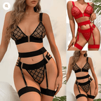 Grid Mesh Deep V G-String Garter Lingerie Set
