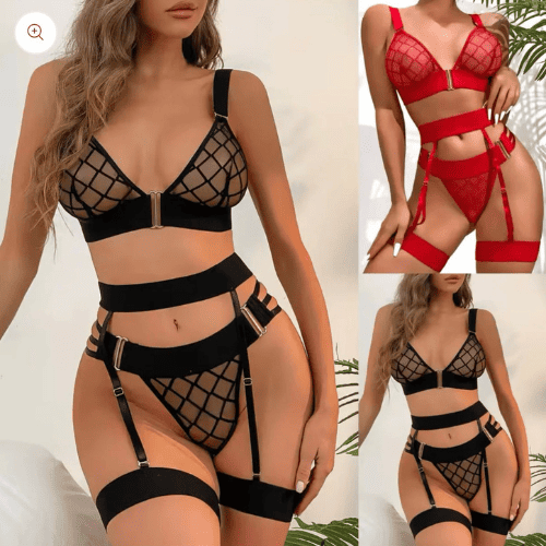 Grid Mesh Deep V G-String Garter Lingerie Set