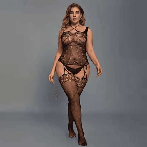 Full Body Stocking – Black Fishnet Cutout Bodystocking